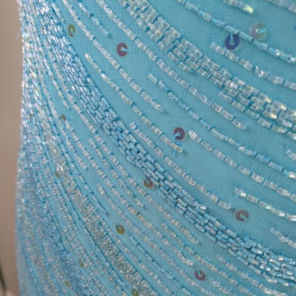 Silk Prom Dress Maxi Gown 10 Blue Vintage Y2K Fairy Glam Bead Princess Slit Bead - Picture 2 of 15